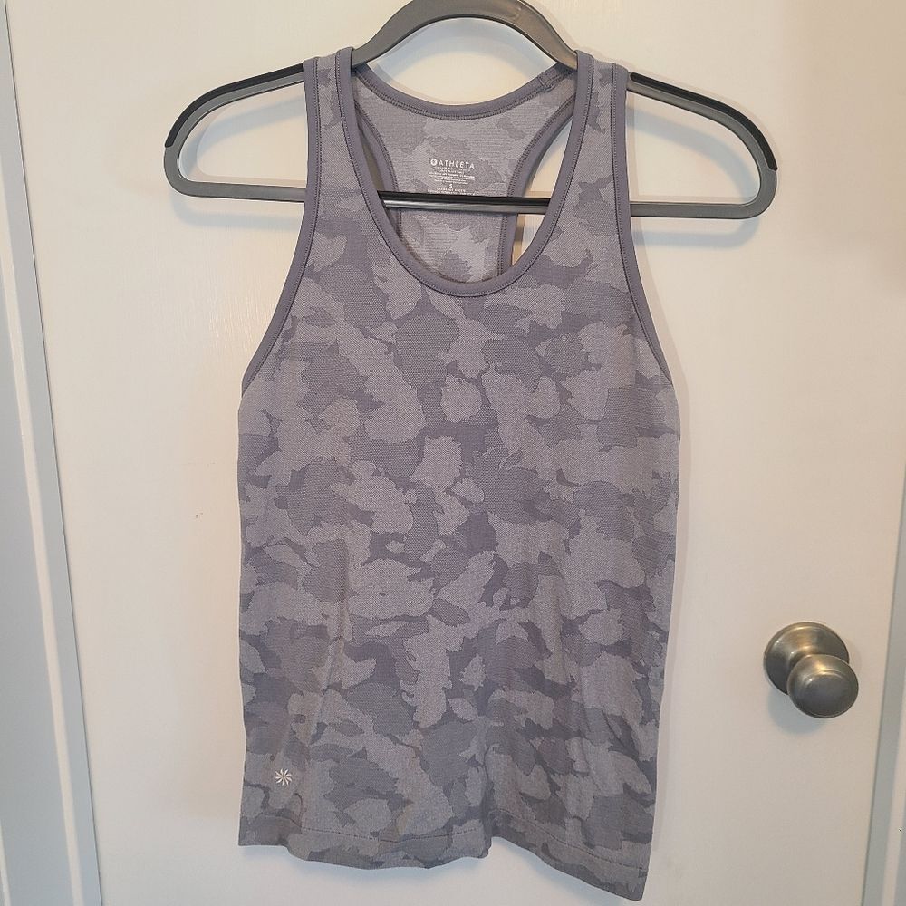 ATHLETA Women's Small Speedlight Tank Top Light Grey Camo Racerback Stretch